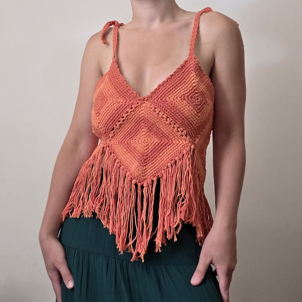 CUSTOM HANDMADE Orange Fringe Knit Top